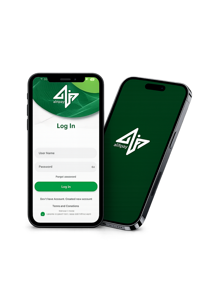 AlifPay mobile app — login and wallet screens